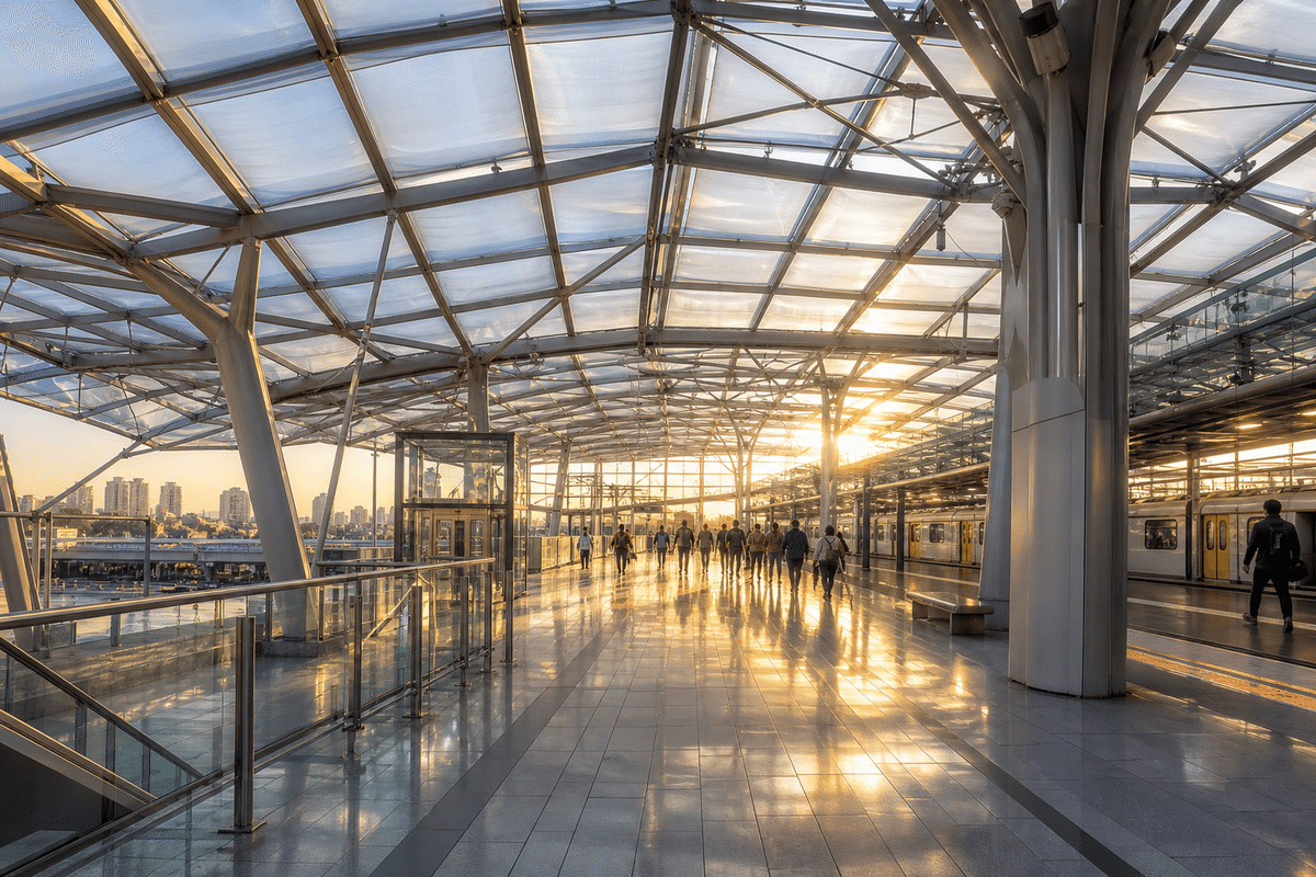 Daylit metro station concourse under a translucent ETFE roof