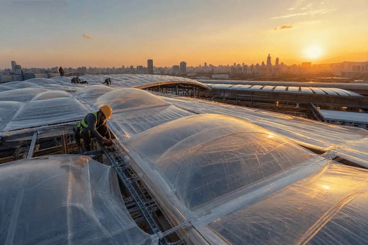 Still of multi-layer ETFE air cushion installation on a long-span metro station roof — Metro Station ETFE Roofing systems