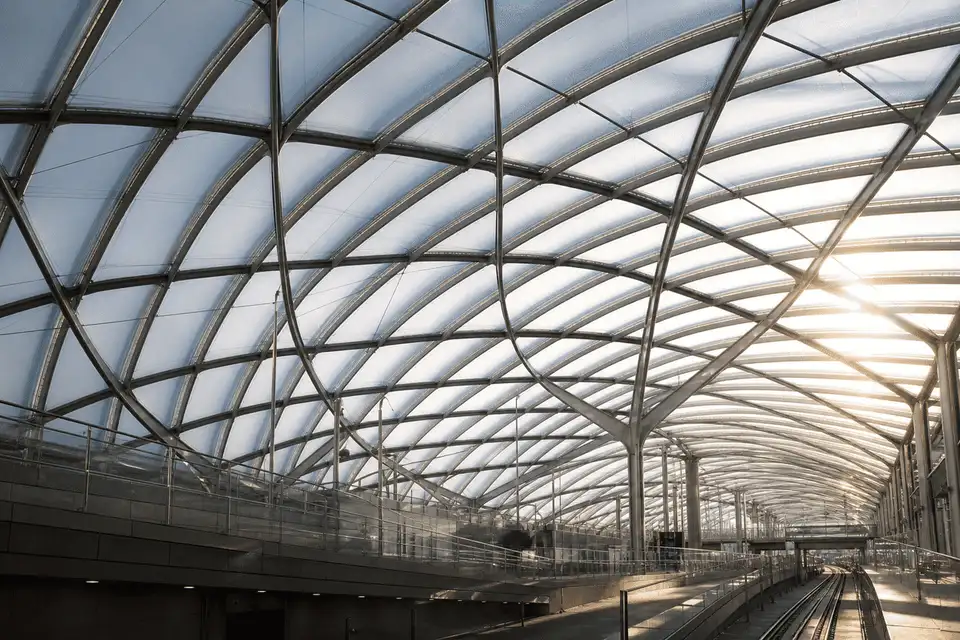 Still of daylight moving across a translucent ETFE metro station canopy — Metro Station ETFE Roofing systems