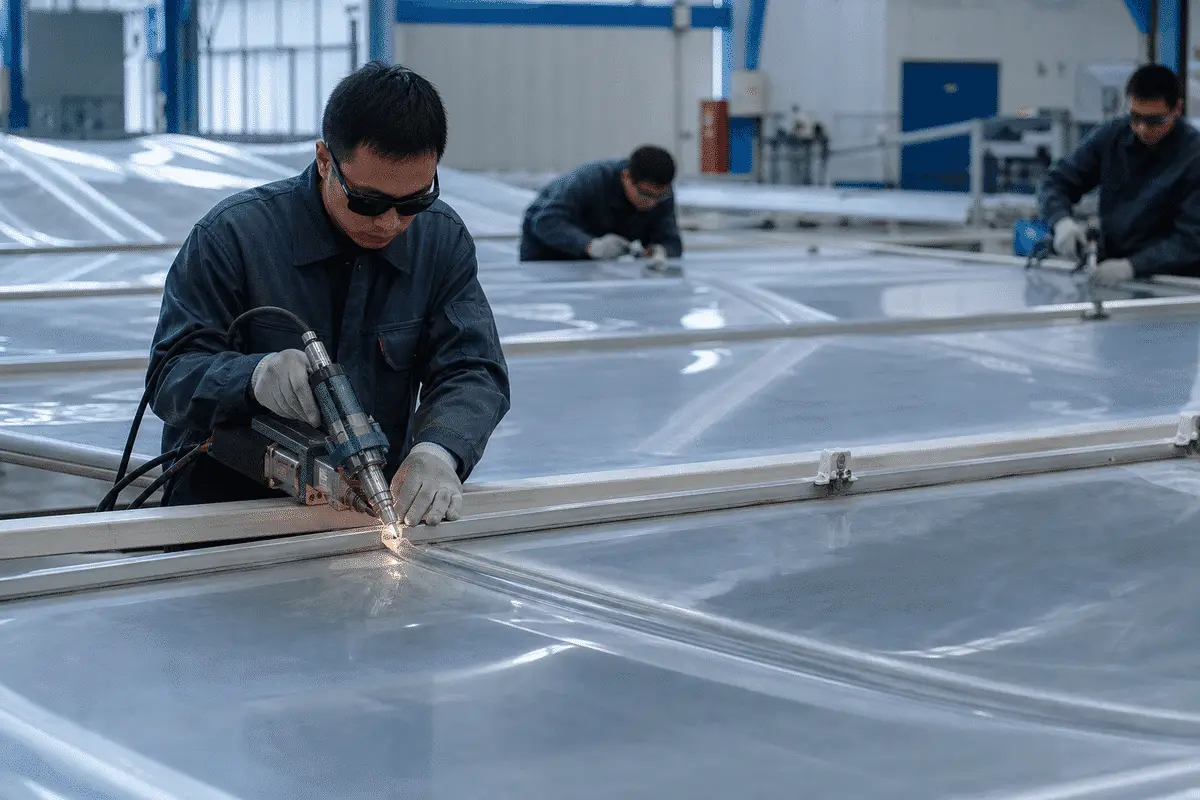 Still of precision welding and fabrication of ETFE film modules — Metro Station ETFE Roofing systems
