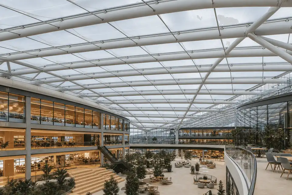 Long-span translucent ETFE roof over an office atrium — Office Building ETFE Roofing
