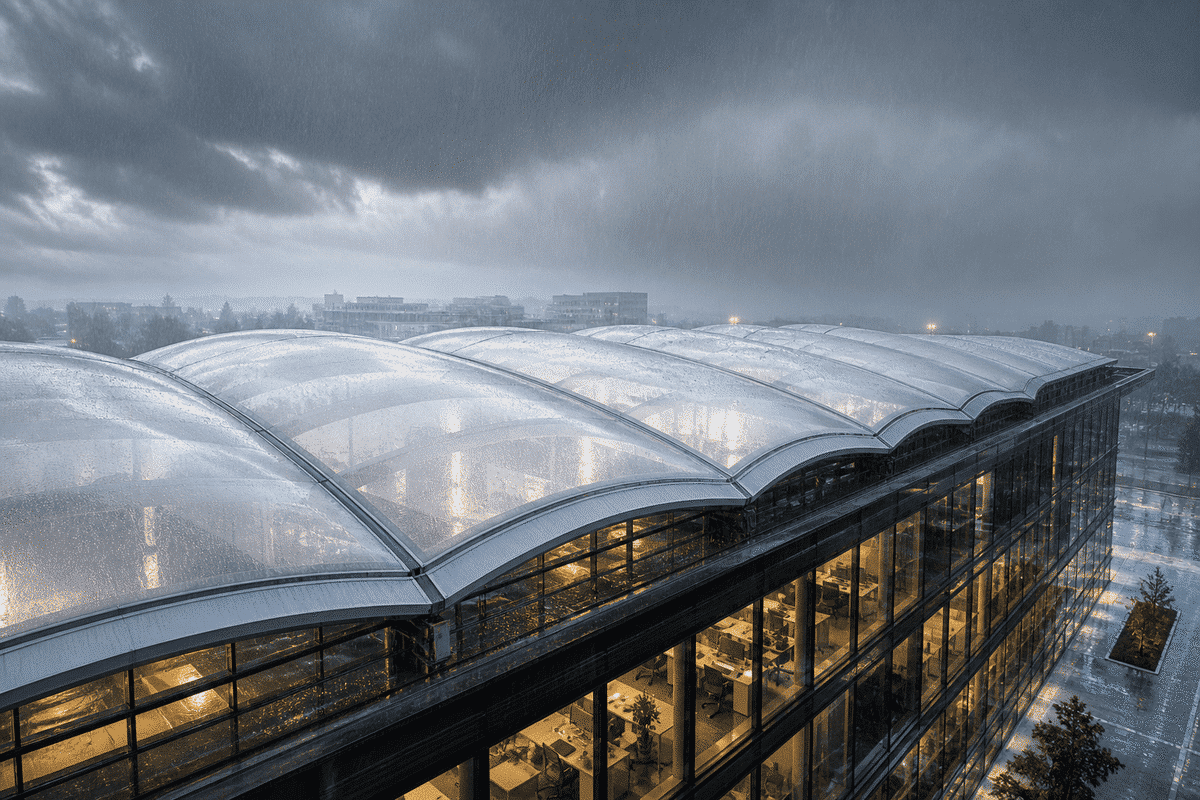 ETFE office roof under storm lighting and rain