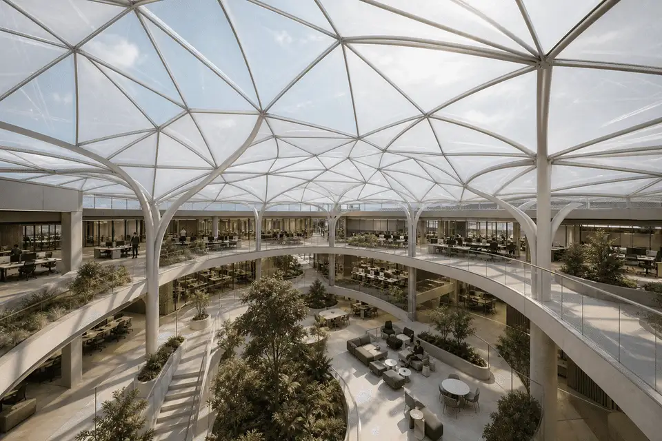 Freeform curved ETFE cushion field on an office building — Office Building ETFE Roofing systems