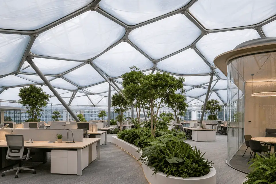 Workplace atrium under a luminous ETFE air cushion roof — Office Building ETFE Roofing systems