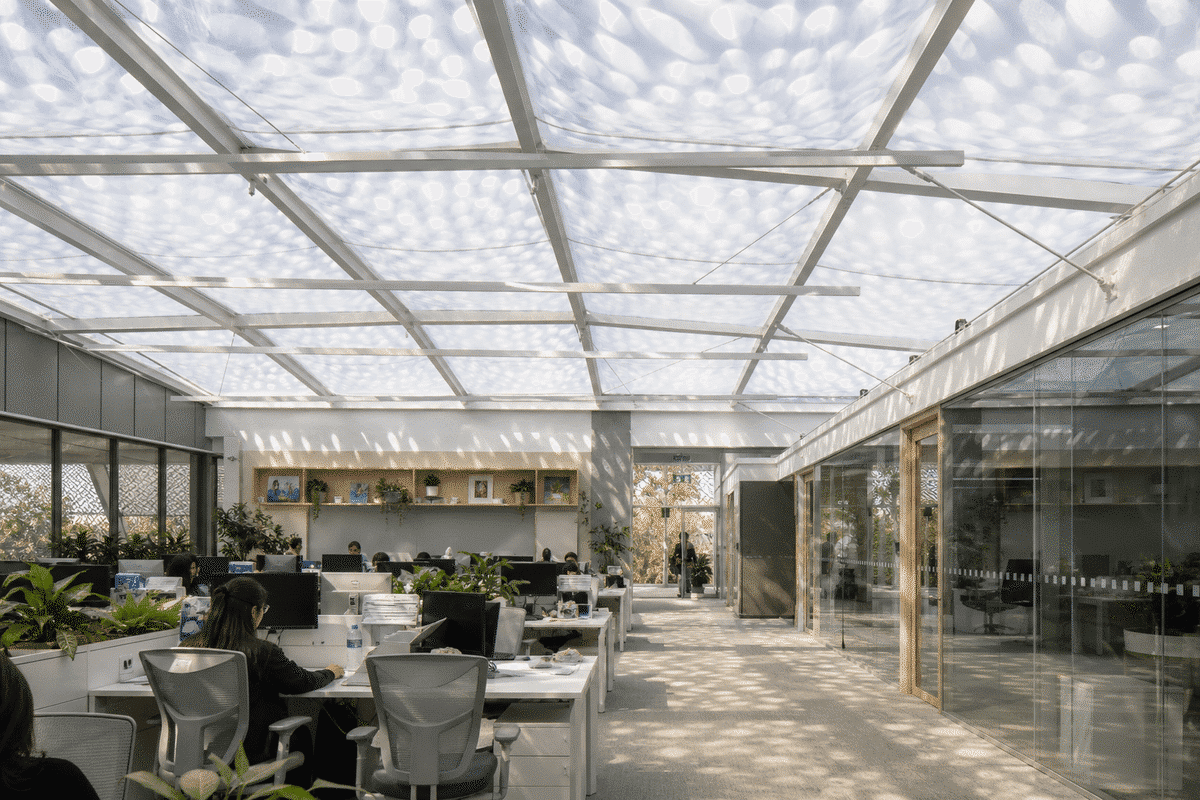 Office lobby with a translucent ETFE ceiling plane