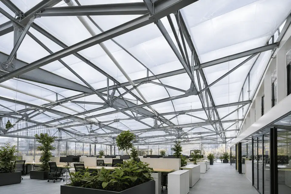 Primary steel roof grid prepared for office ETFE cushions — Office Building ETFE Roofing systems