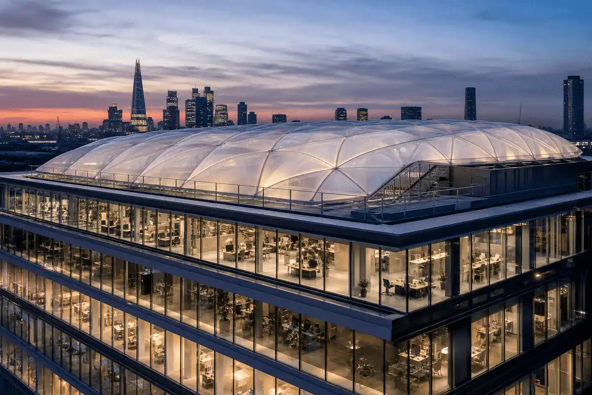 Completed office building with finished ETFE envelope — Office Building ETFE Roofing