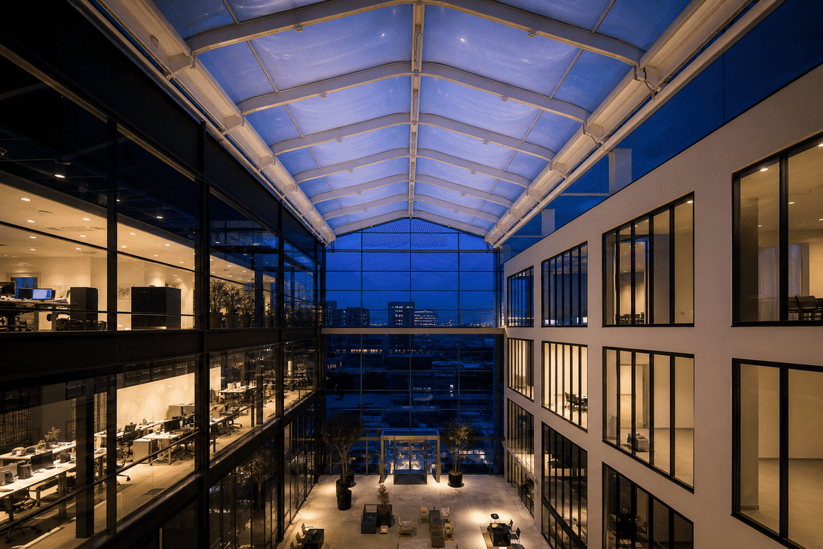 Night view of office building softly glowing through ETFE