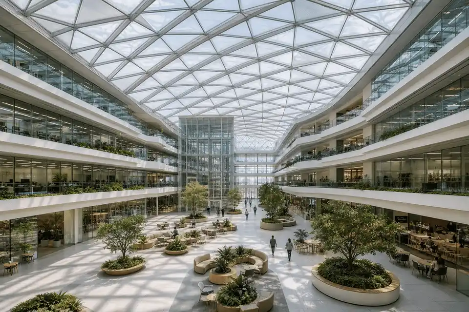 Completed office building with translucent ETFE atrium roof — Office Building ETFE Roofing systems