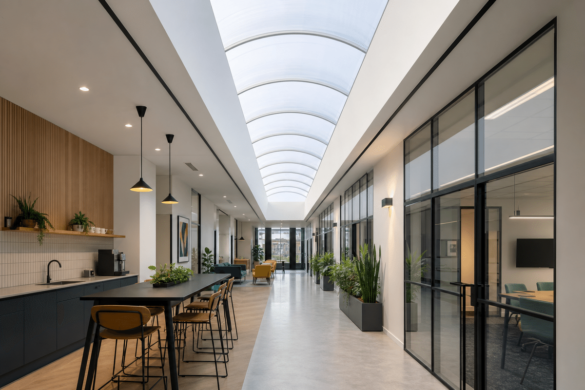 Office interior with sweeping ETFE skylight