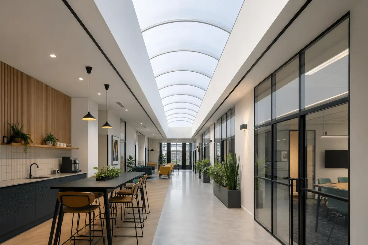 Office interior with sweeping ETFE skylight — Office Building ETFE Roofing
