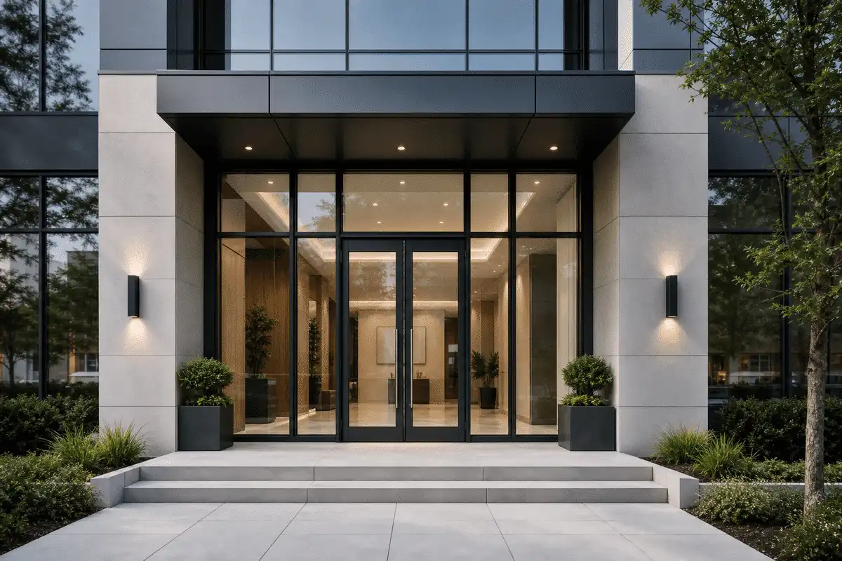 Office building entrance with elegant ETFE canopy — Office Building ETFE Roofing