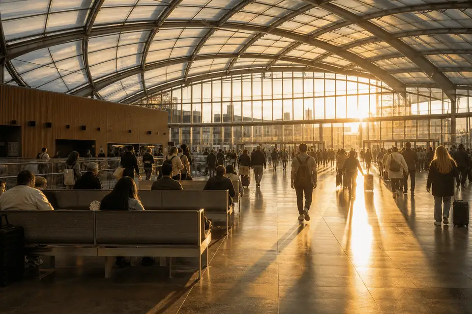 Natural daylight washing a railway hall through an ETFE roof — Railway Station ETFE Roofing systems