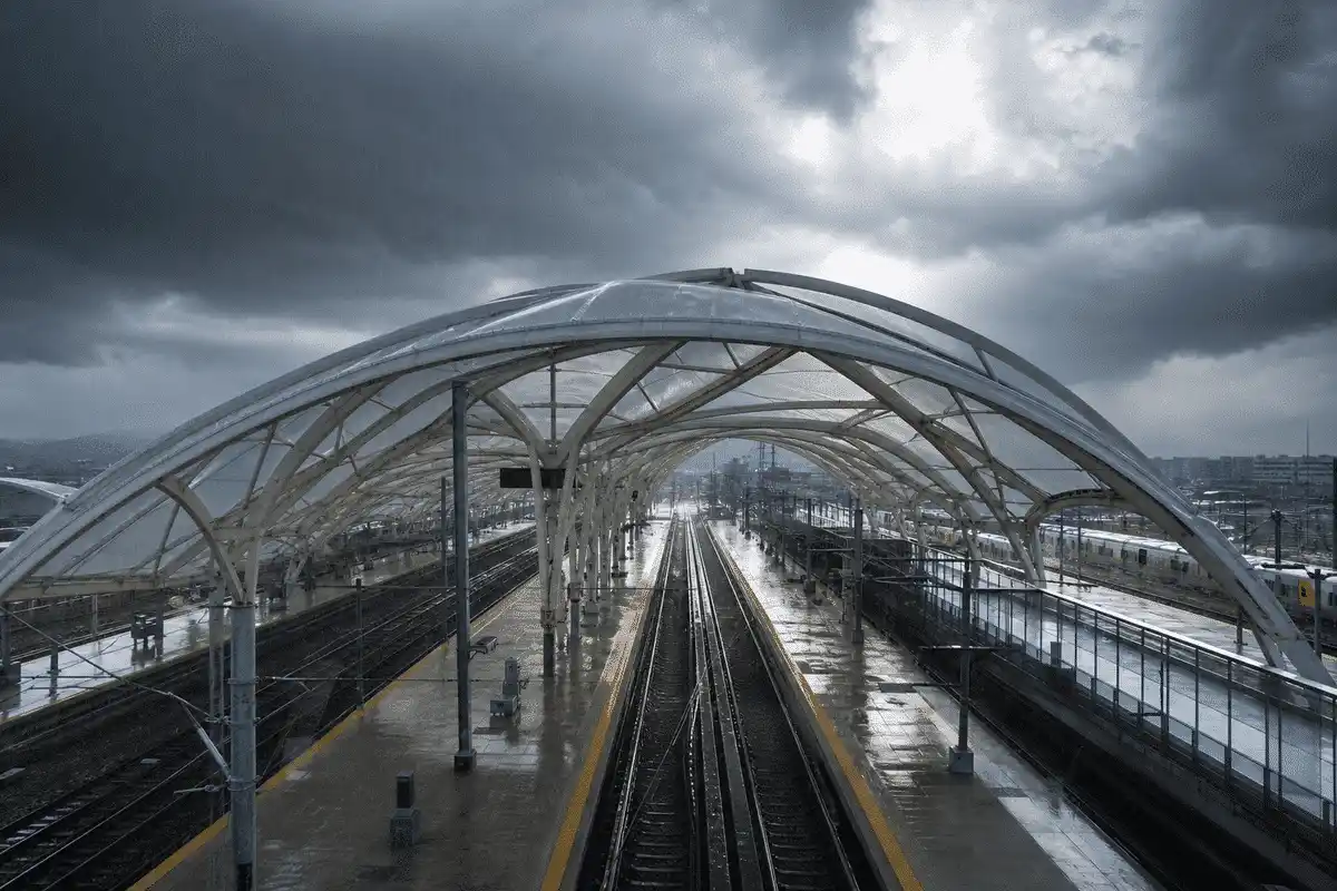 ETFE railway station roof under storm lighting and rain — Railway Station ETFE Roofing systems