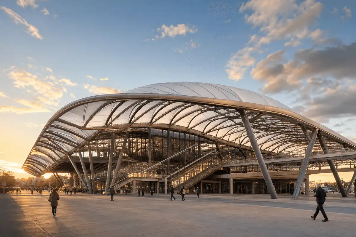Exterior silhouette of a modern railway station ETFE roof — Railway Station ETFE Roofing systems