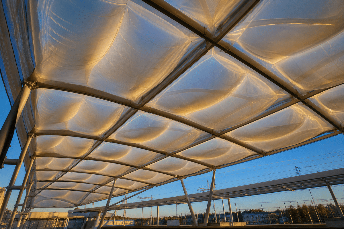 Detail of multi-layer translucent ETFE air cushion assembly