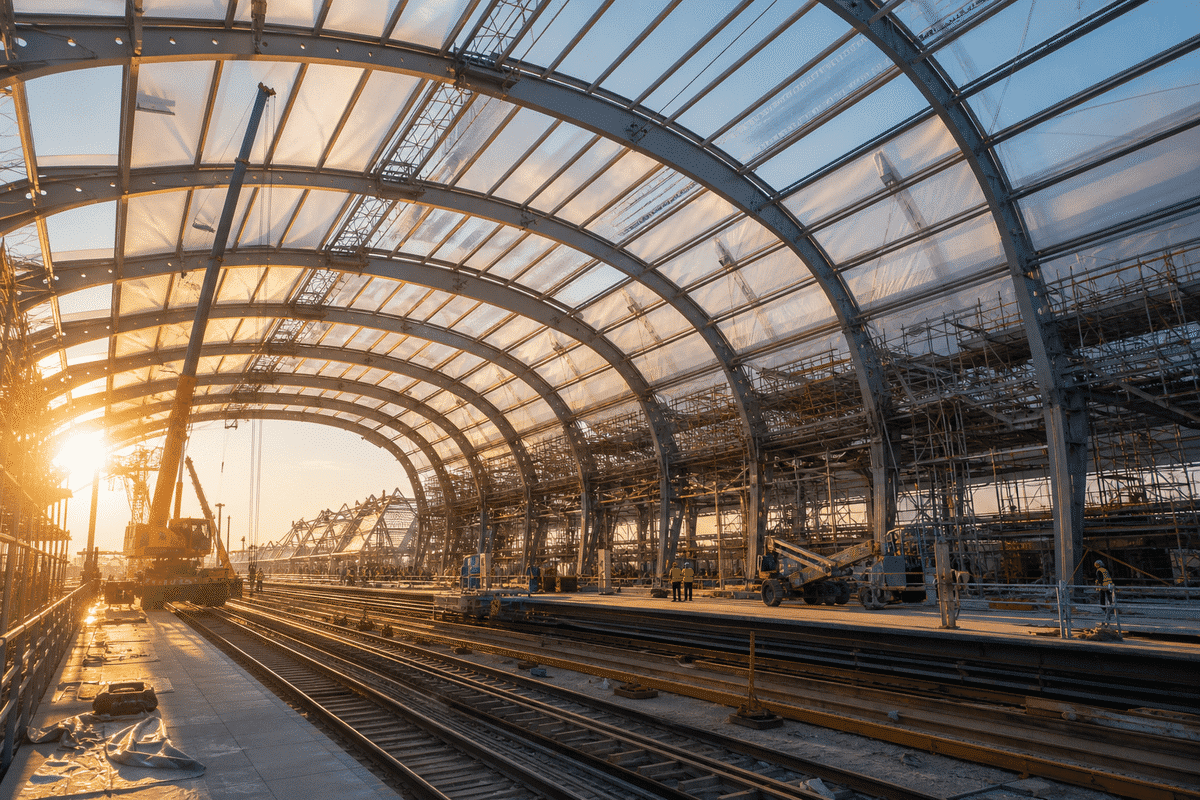 Construction stage installing ETFE modules on railway steel grid