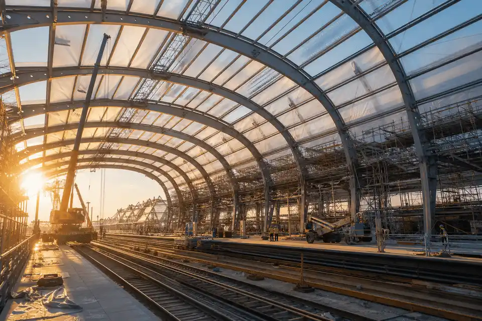 Construction stage installing ETFE modules on railway steel grid — Railway Station ETFE Roofing systems