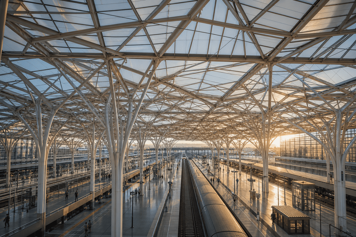Daylit railway station hall under a translucent ETFE roof