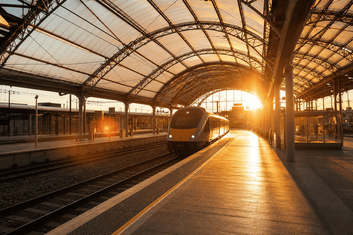 Still of daylight moving across a translucent ETFE railway station canopy