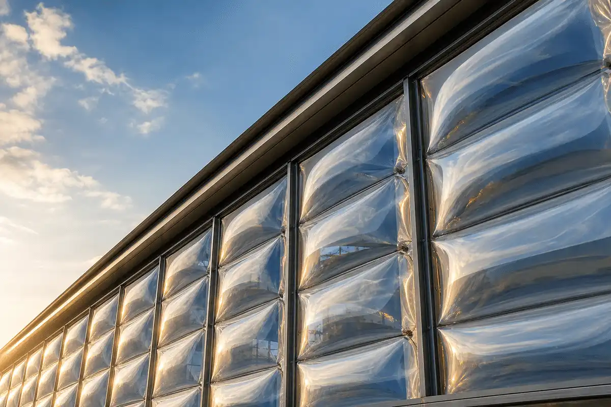 Close view of multi-layer ETFE air cushions — School ETFE Roofing