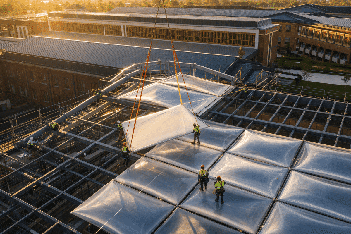 Construction crew installing ETFE modules on roof grid