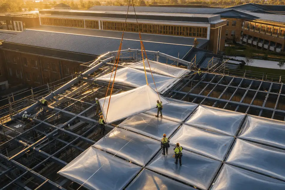 Construction crew installing ETFE modules on roof grid — School ETFE Roofing