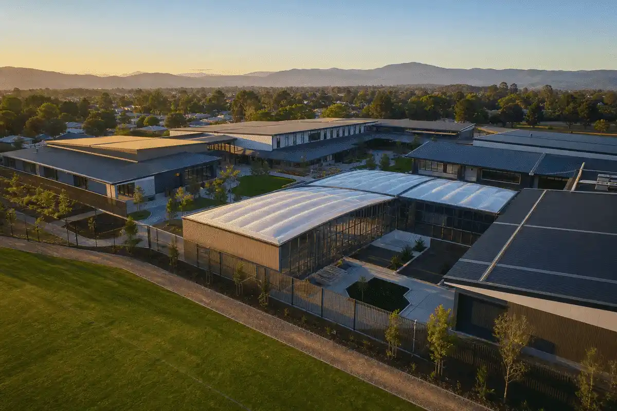 Completed building with translucent ETFE roof from above — School ETFE Roofing systems