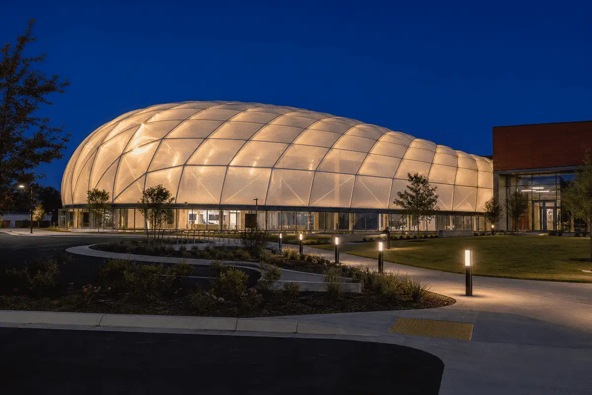 ETFE roof glowing softly at night — School ETFE Roofing