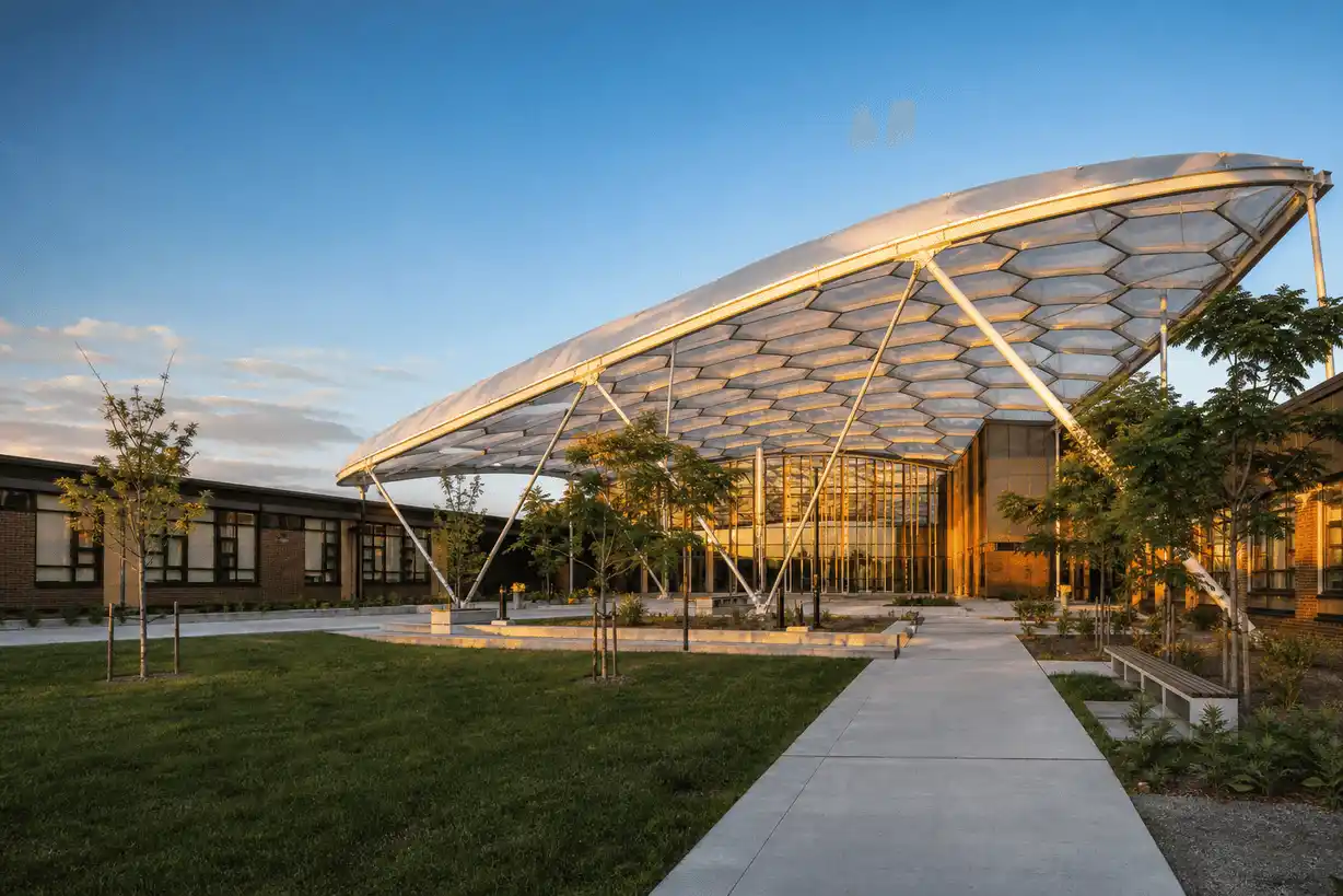 Modern modern school building with translucent ETFE hall roof — School ETFE Roofing systems
