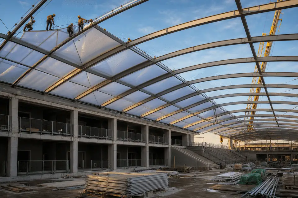 Construction crew installing ETFE cushion modules on a school roof grid — School ETFE Roofing systems
