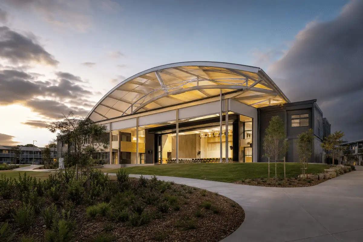 Completed school assembly hall with translucent ETFE roof — School ETFE Roofing systems