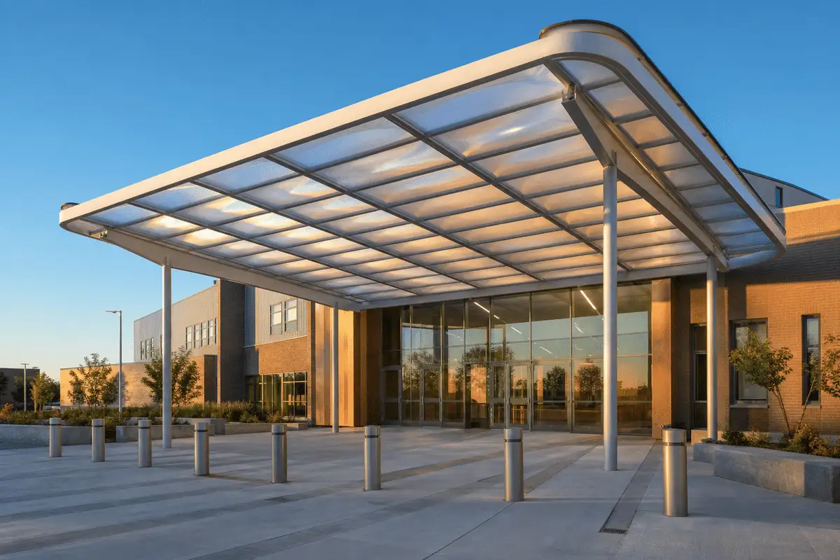 School entrance with elegant ETFE canopy — School ETFE Roofing