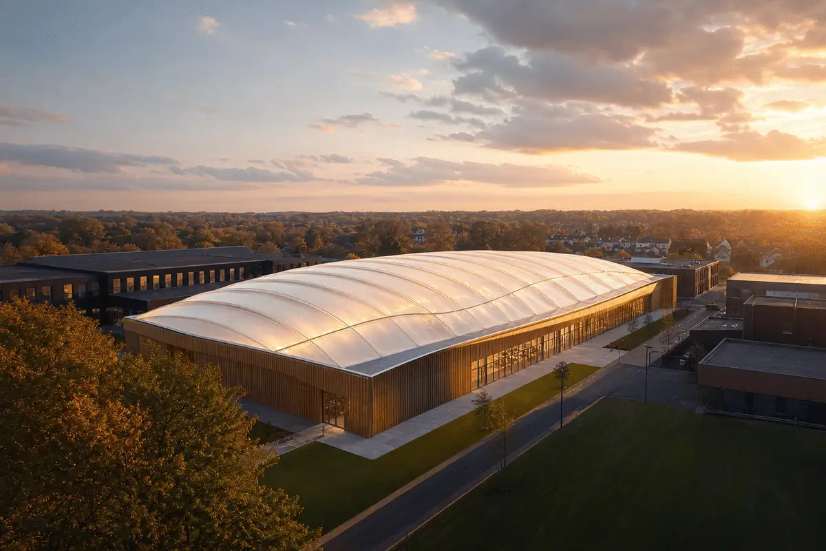 Still of multi-layer ETFE air cushion installation on a school roof — School ETFE Roofing systems