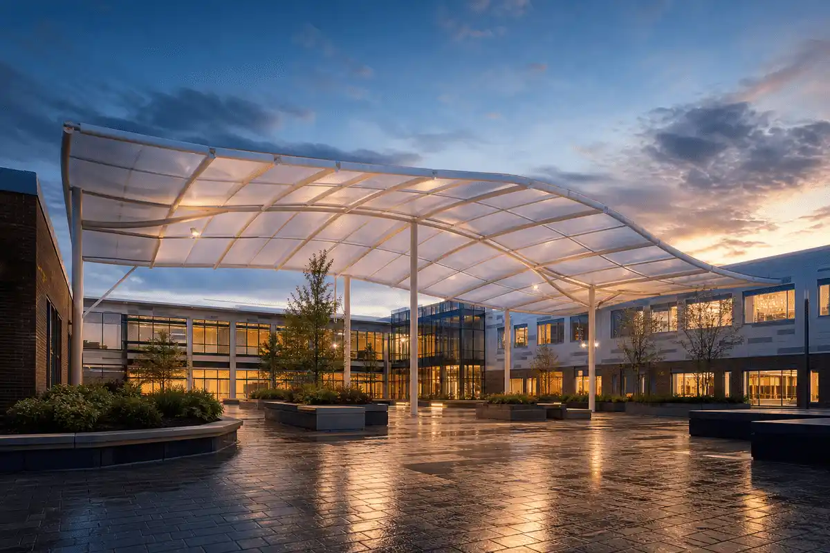Still of precision welding and fabrication of ETFE film modules — School ETFE Roofing systems