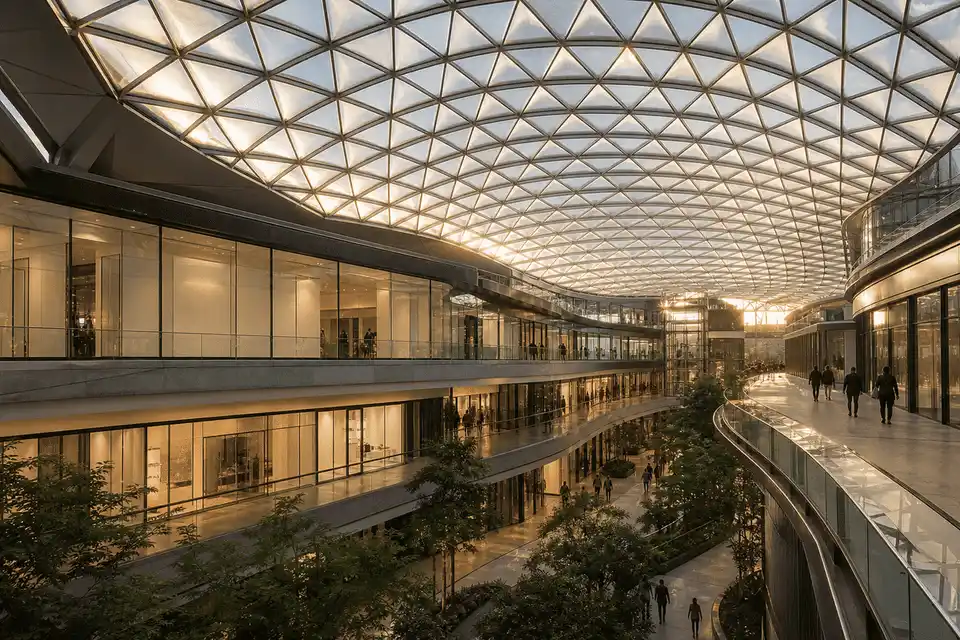 Long-span translucent ETFE atrium roof over a shopping mall — Shopping Mall ETFE Roofing systems