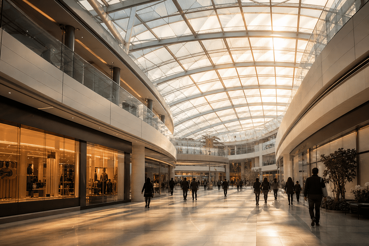 Natural daylight washing a mall atrium through an ETFE roof