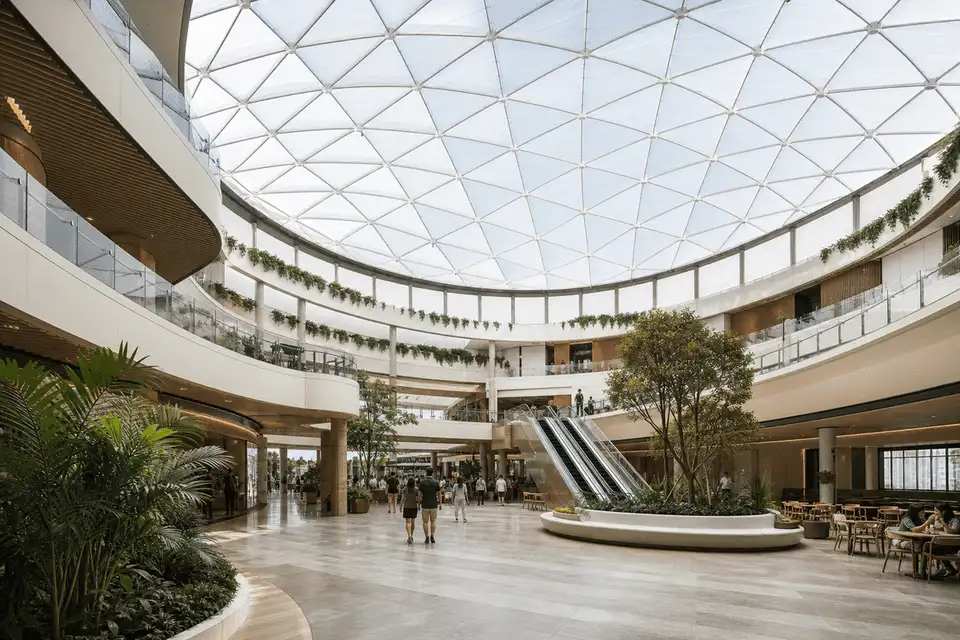 Mall interior looking up at a daylit ETFE cushion roof — Shopping Mall ETFE Roofing