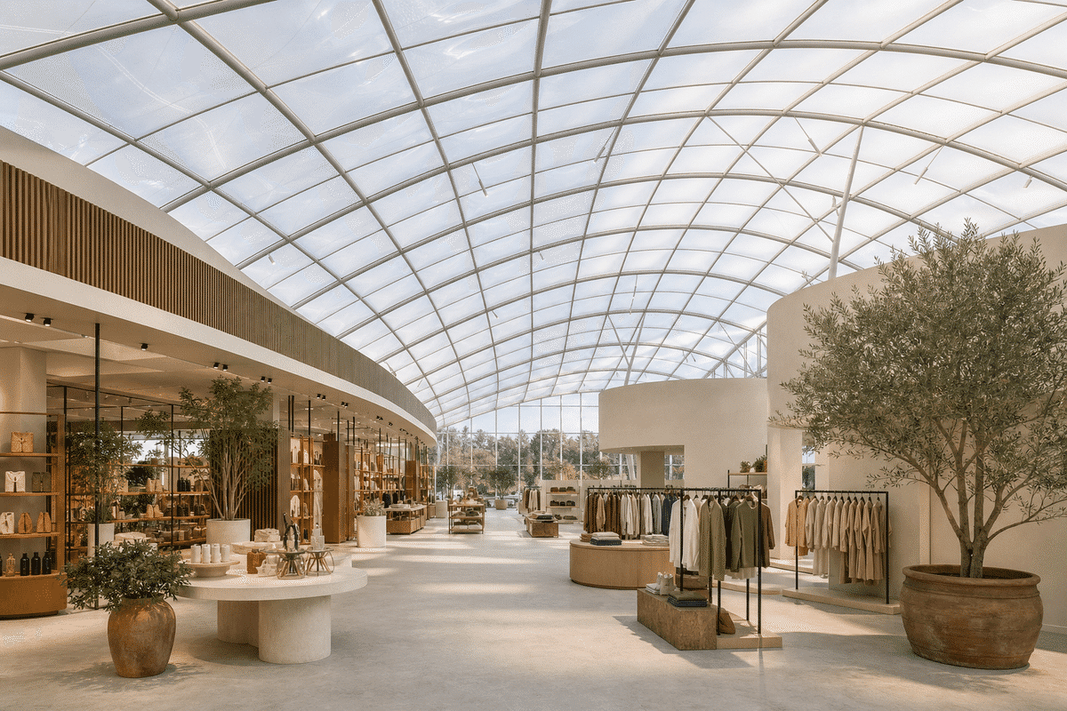 Retail atrium under a luminous ETFE air cushion roof