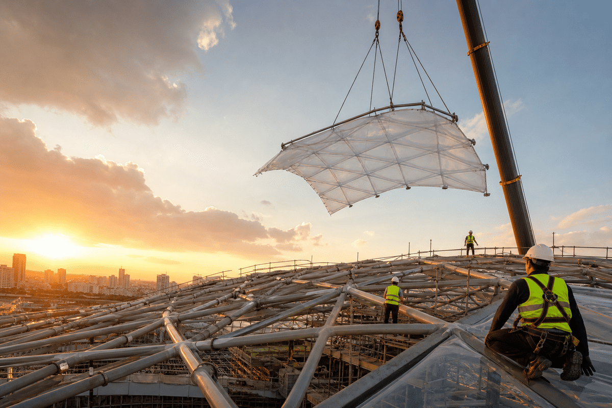 Construction stage installing ETFE modules on mall steel grid