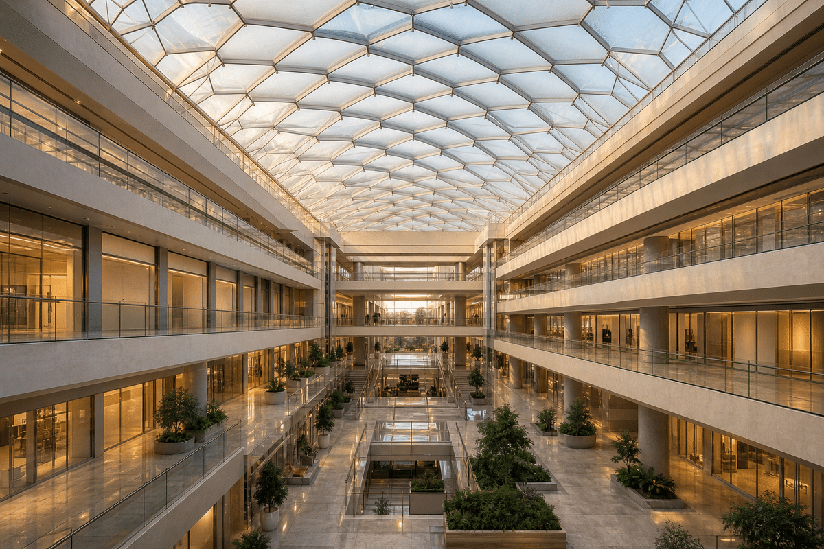 Completed shopping mall with finished ETFE roof envelope