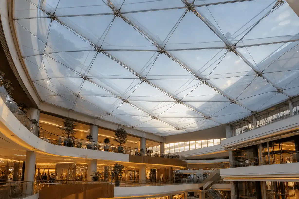 Luminous shopping mall atrium looking up through translucent ETFE cushions — Shopping Mall ETFE Roofing systems