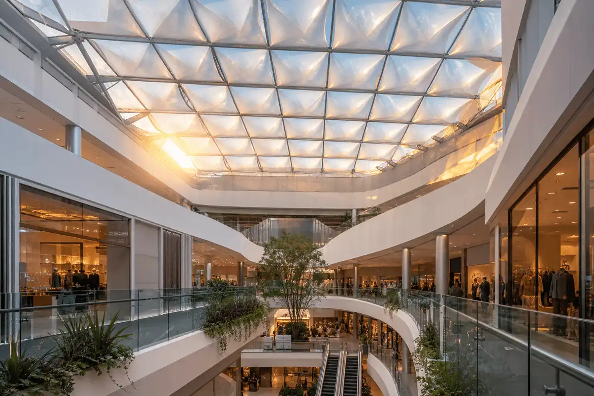 Daylit retail atrium under a translucent ETFE air cushion roof — Shopping Mall ETFE Roofing systems