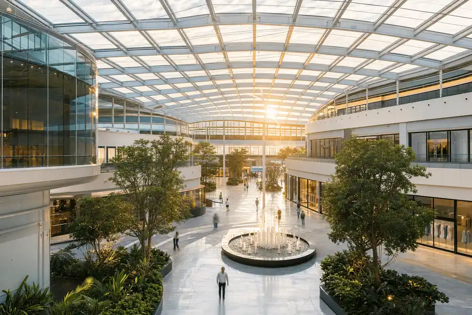 Mall court interior with sweeping ETFE skylight — Shopping Mall ETFE Roofing