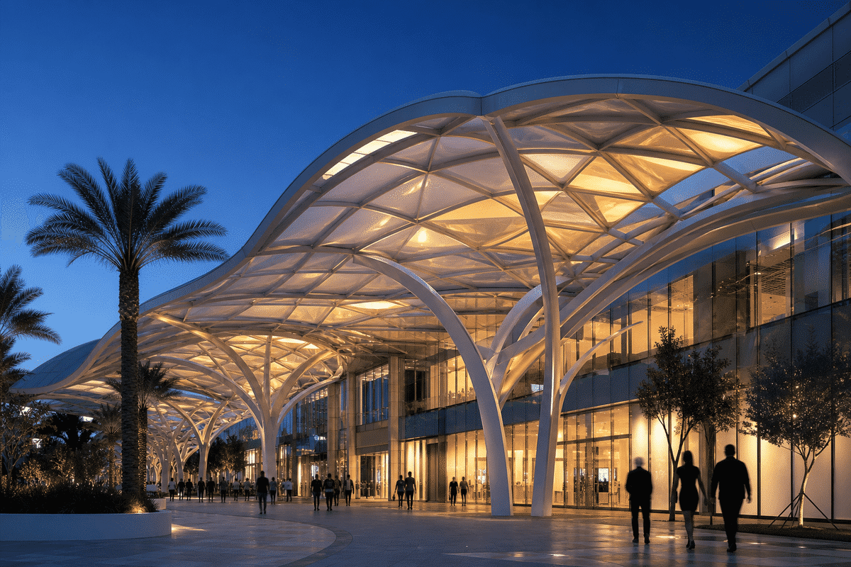 Shopping mall entrance with elegant ETFE canopy
