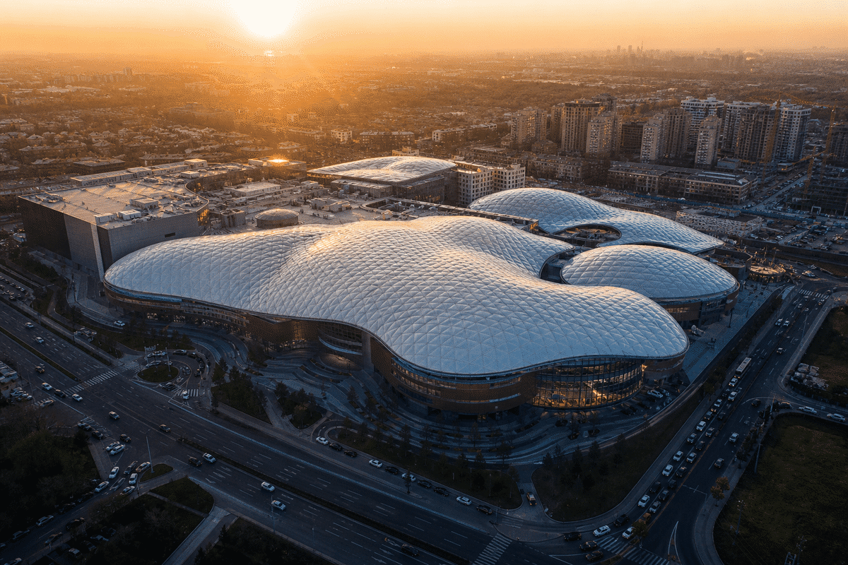 Still of daylight moving across a translucent ETFE shopping mall canopy