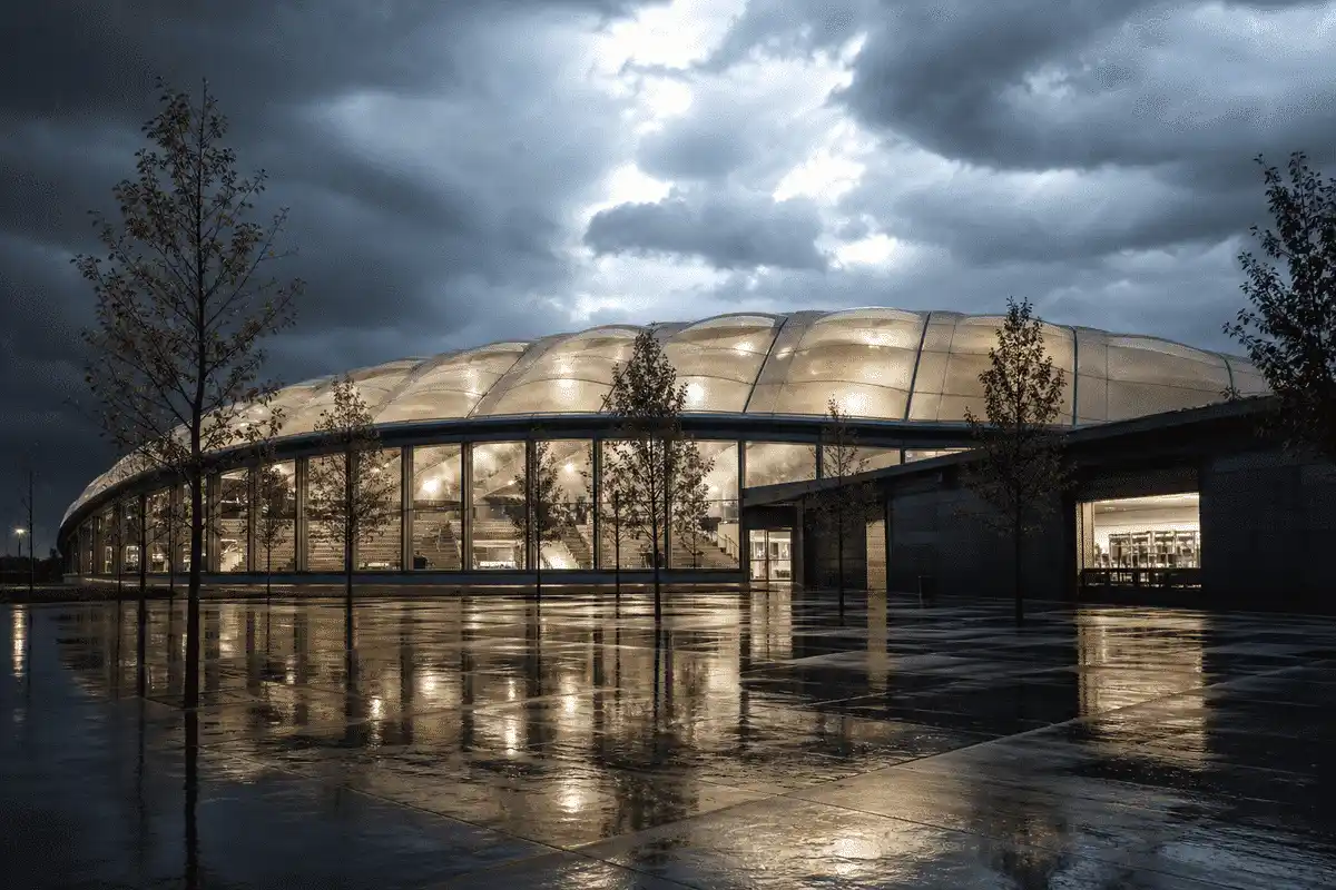 ETFE roof on a sports complex hall under dramatic storm lighting and rain — Sports Complex ETFE Roofing systems