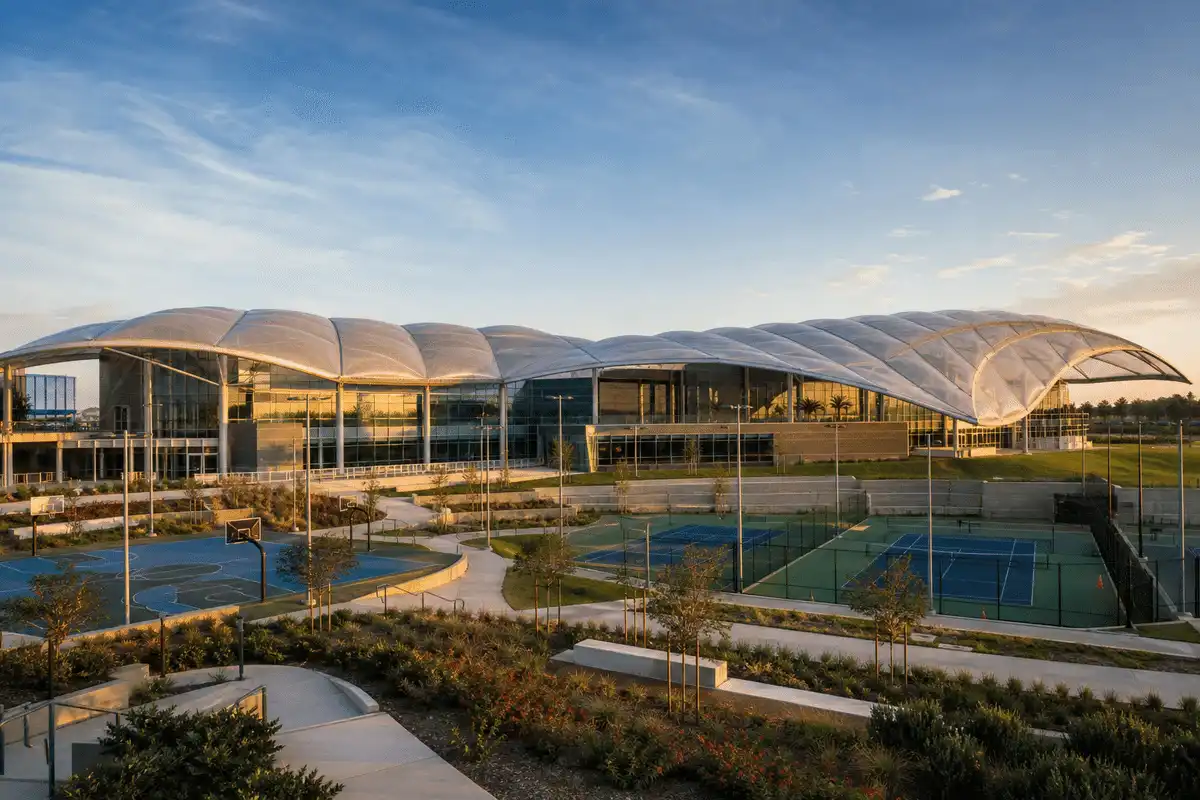 Exterior of a modern sports complex with ETFE roof — Sports Complex ETFE Roofing