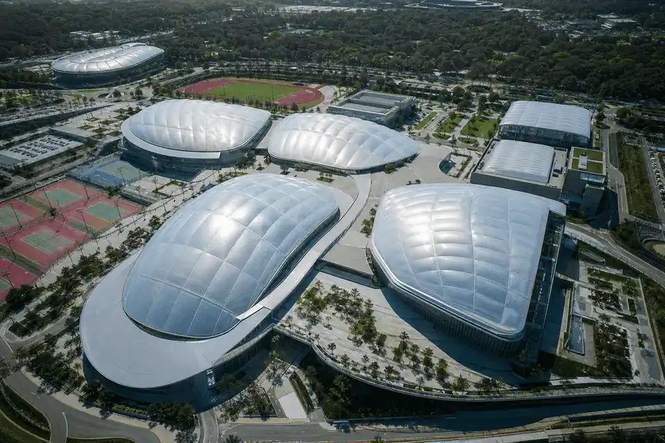 Completed building with translucent ETFE roof from above — Sports Complex ETFE Roofing systems