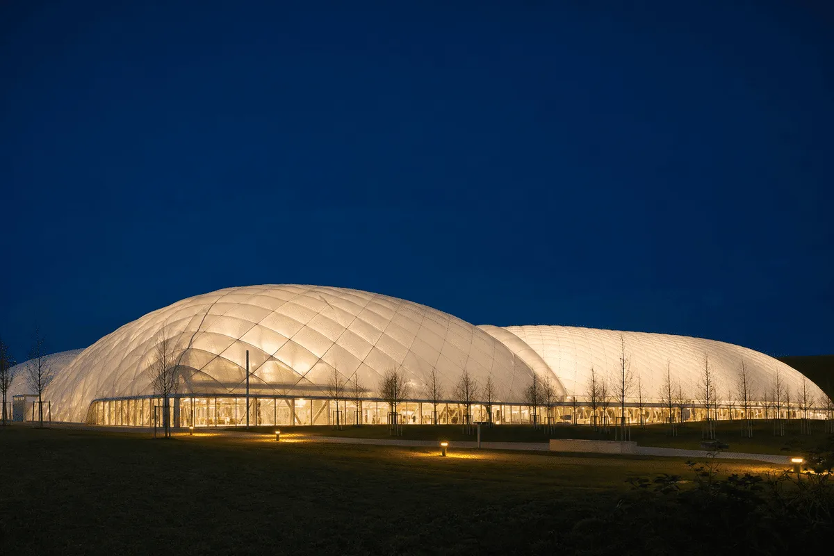 ETFE roof glowing softly at night — Sports Complex ETFE Roofing